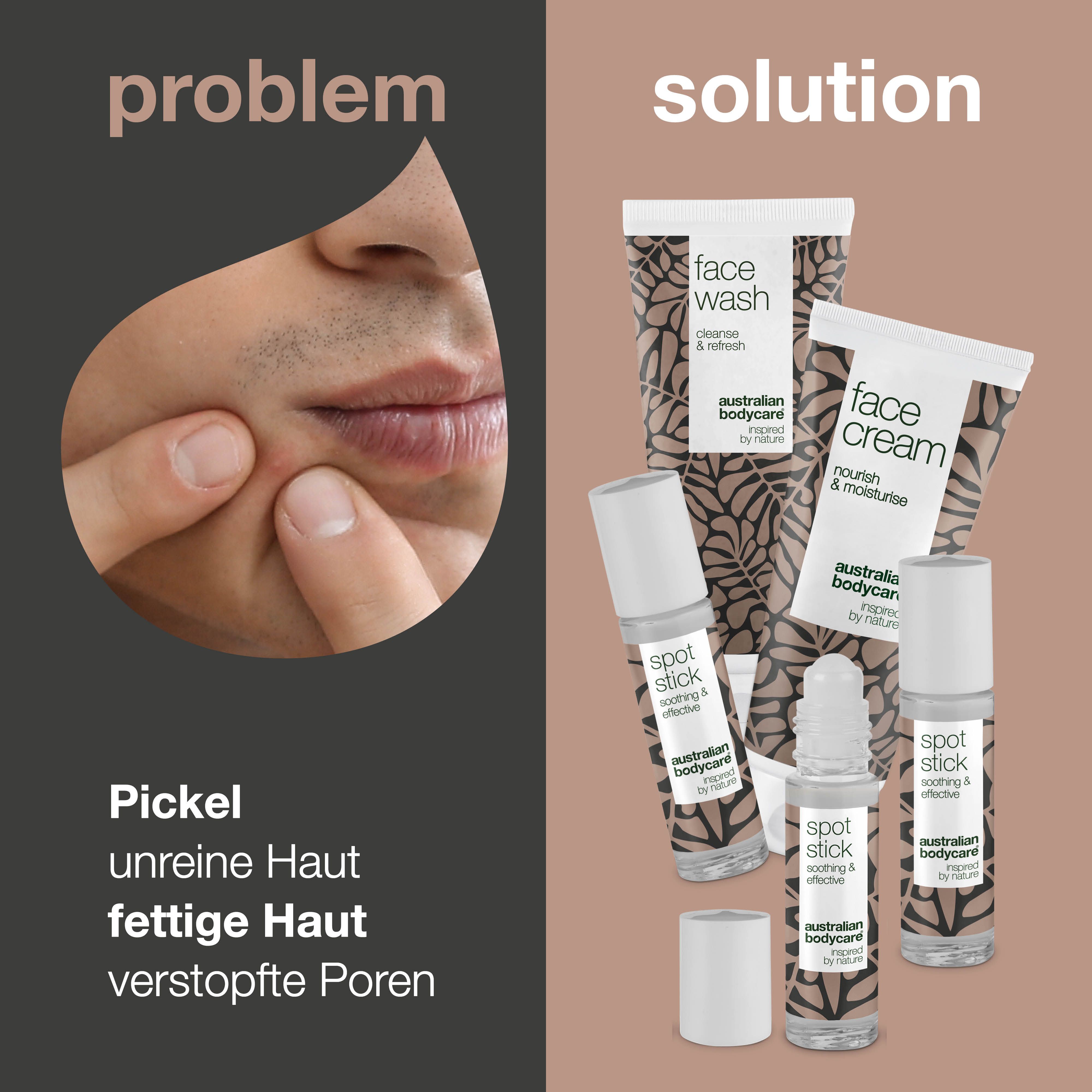 Problem-Lösung-Bild. Gesicht mit Pickeln, daneben Produkte: Face Wash, Face Cream, Spot Stick.