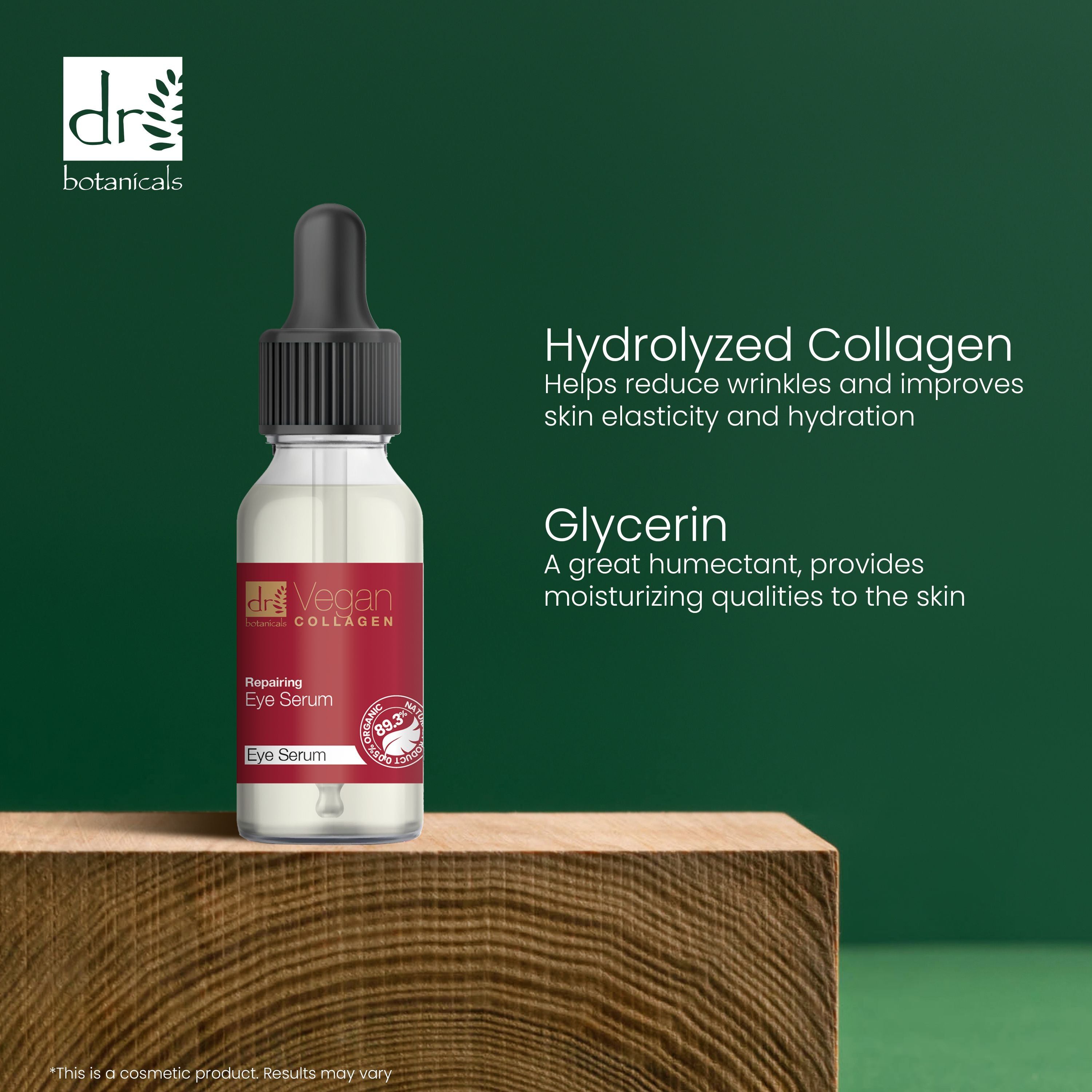 Flasche mit Tropfer auf Holzblock. Text: Hydrolyzed Collagen, Glycerin. Logo Dr Botanicals Vegan Collagen.