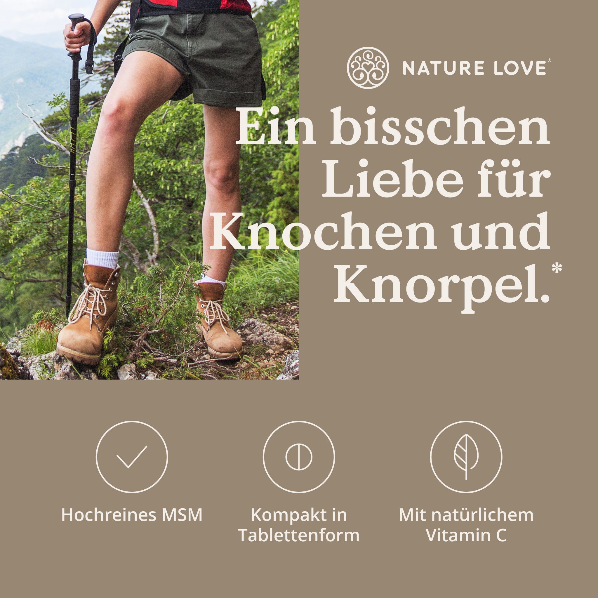 Flasche mit MSM 2000 Tabletten, hochreines MSM, kompakt in Tablettenform, mit natürlichem Vitamin C.