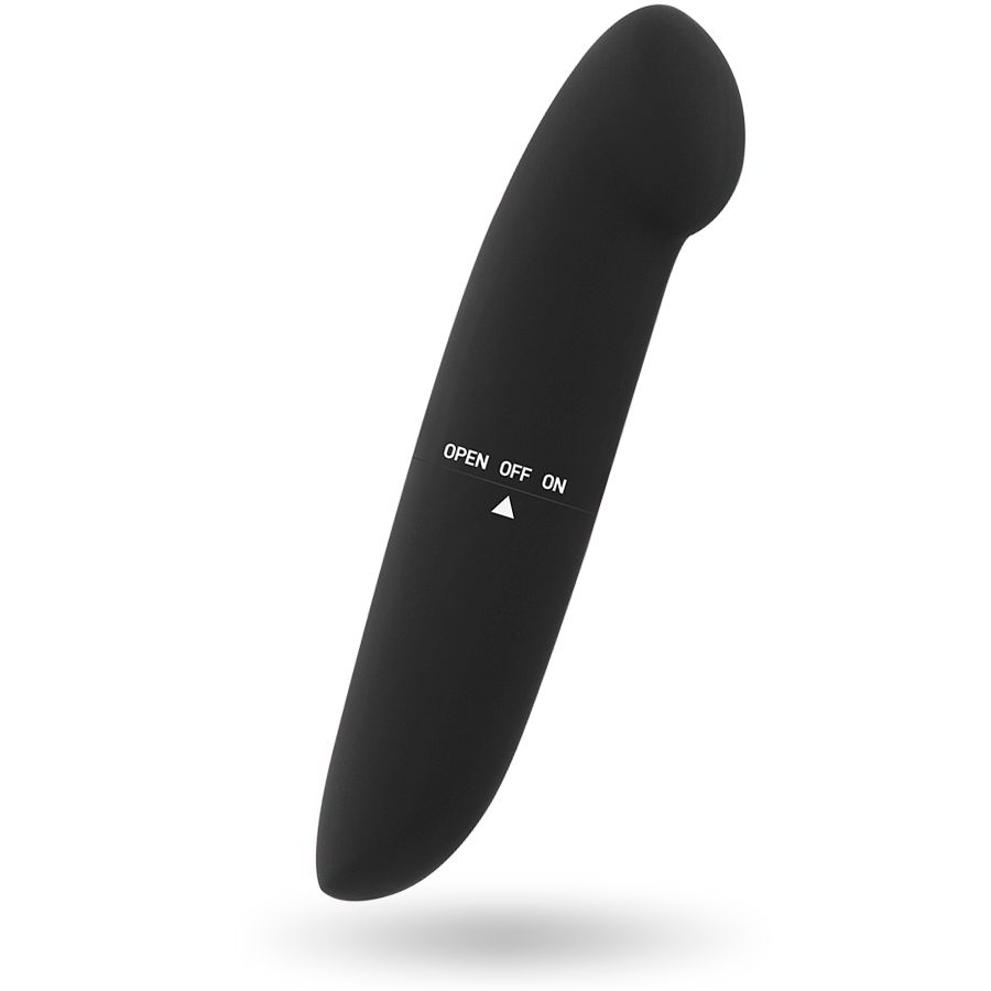 Schwarzer Vibrator mit abgerundeter Form. Auf der Oberfläche sind die Beschriftungen "OPEN OFF ON" zu sehen.