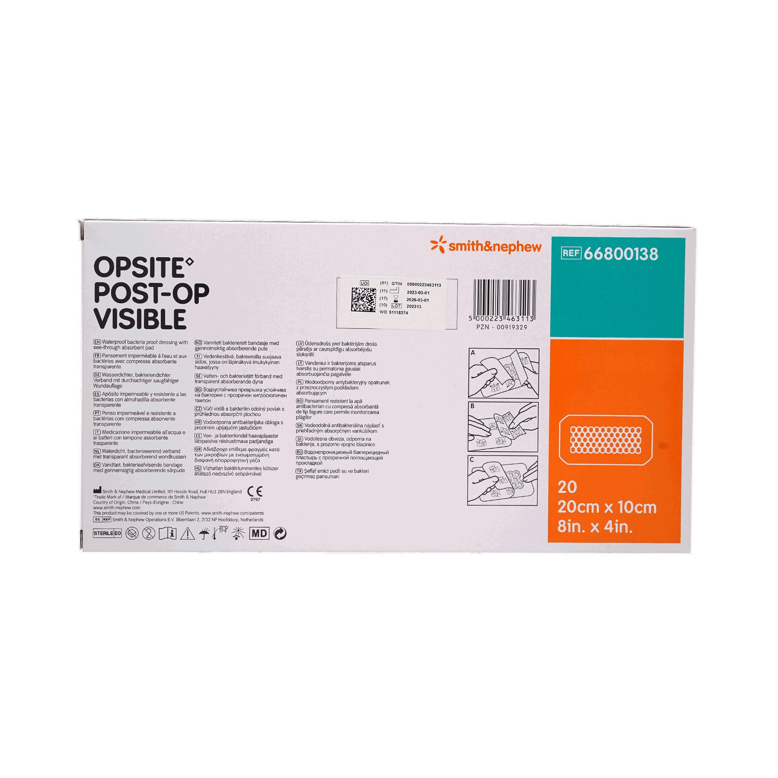 Rückseite der OPSITE Post-Op Visible Verpackung. Produktinformationen, Anwendungsbeispiele und Größenangaben. Smith & Nephew Logo.