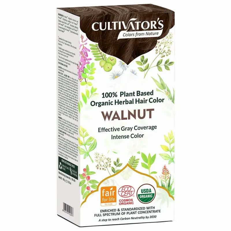 Verpackung von CULTIVATOR'S Pflanzenhaarfarbe Walnuss. Enthält Logos für Fair for Life, Cosmos Organic und USDA Organic. Text: 100% pflanzlich, intensive Farbe.