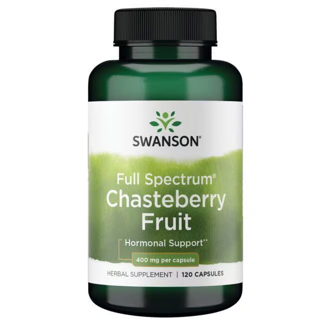 Grüne Flasche mit weißem Etikett. Aufschrift: SWANSON, Chasteberry Fruit, 400 mg pro Kapsel, 120 Kapseln.