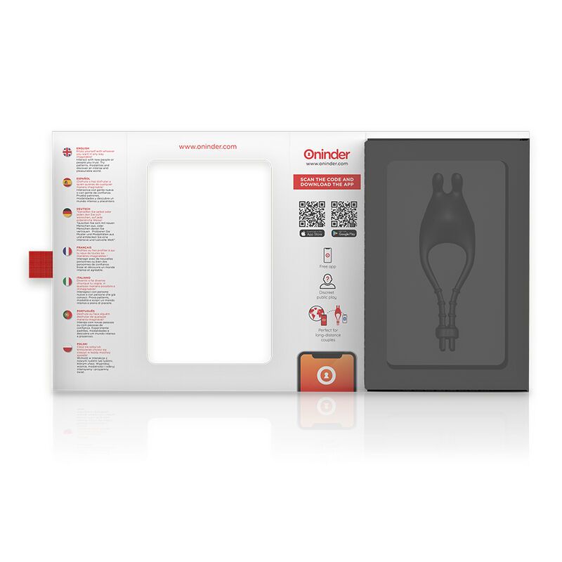 Verpackung mit Vibratorring mit Klitorisstimulator. Geöffnet, Produkt sichtbar. Text: www.oninder.com.