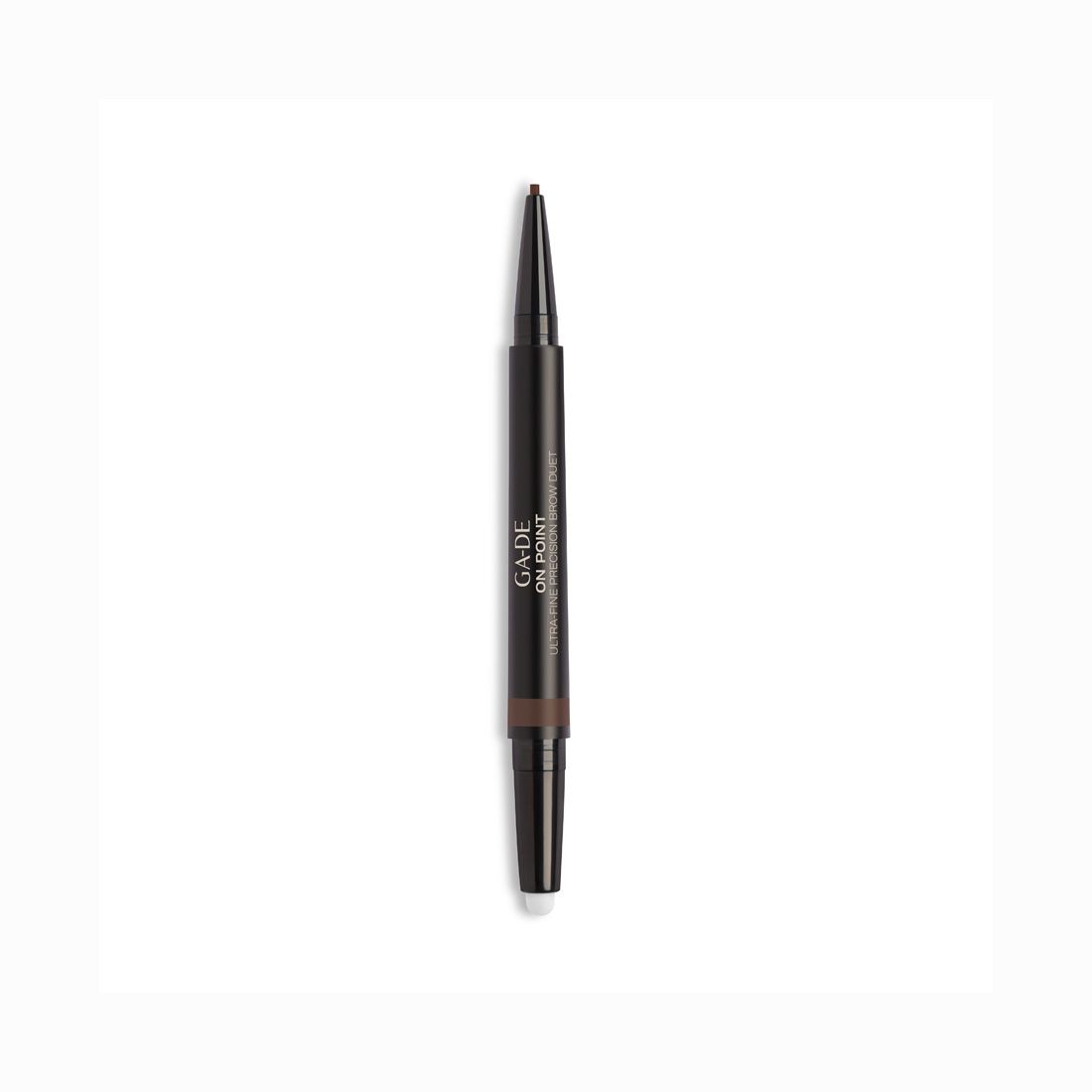 Doppelstift. Dunkelbraune Mine und Bürste. Aufschrift: G.DE ON POINT ULTRA FINE BROW DUET.