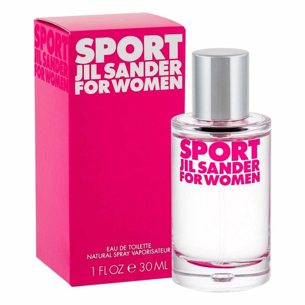 Pinke Verpackung und Glasflakon. Aufschrift SPORT JIL SANDER FOR WOMEN. Flakon mit silbernem Verschluss. Text: Eau de Toilette.