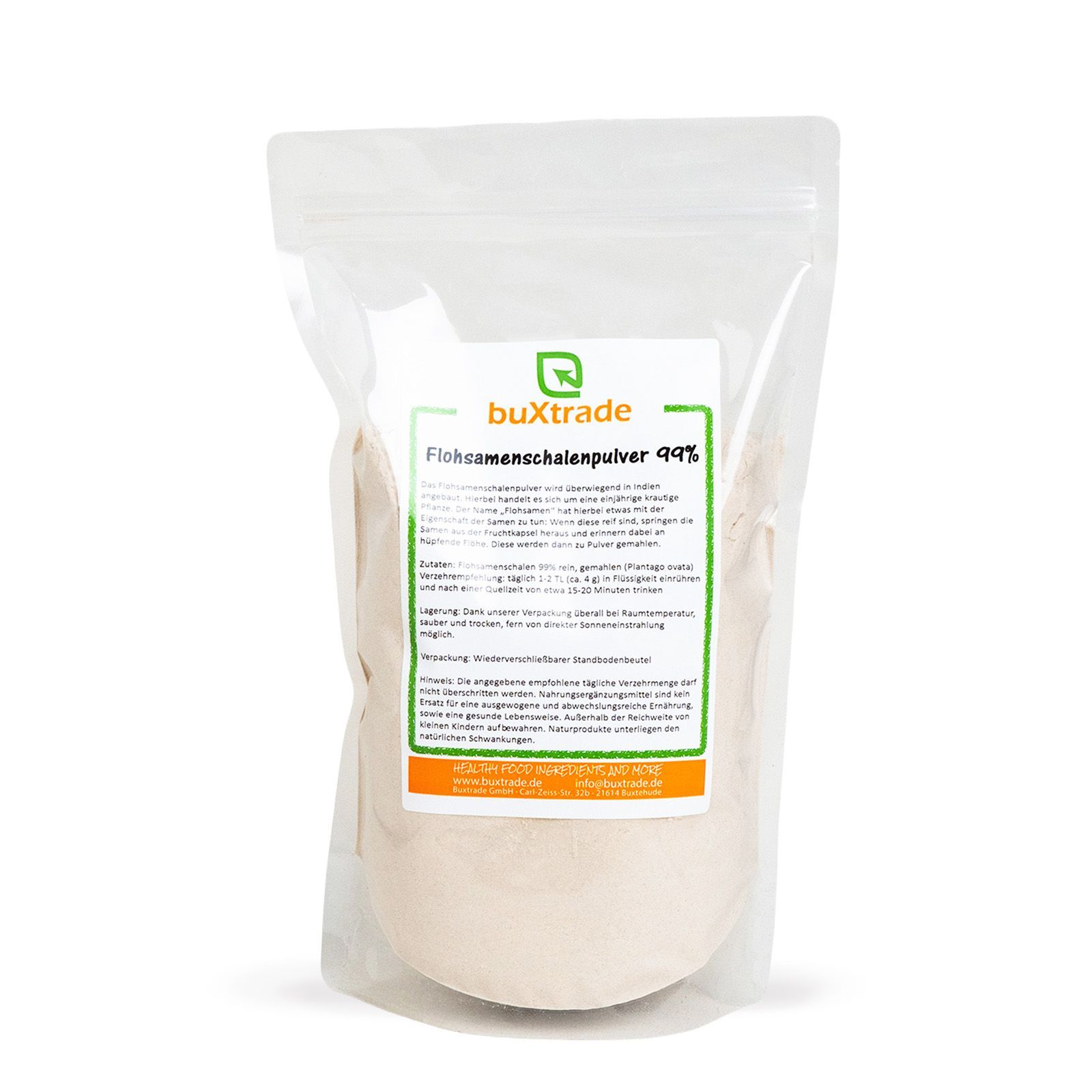 Beutel mit Produktaufdruck 'buXtrade Flohsamenschalenpulver 99%'.