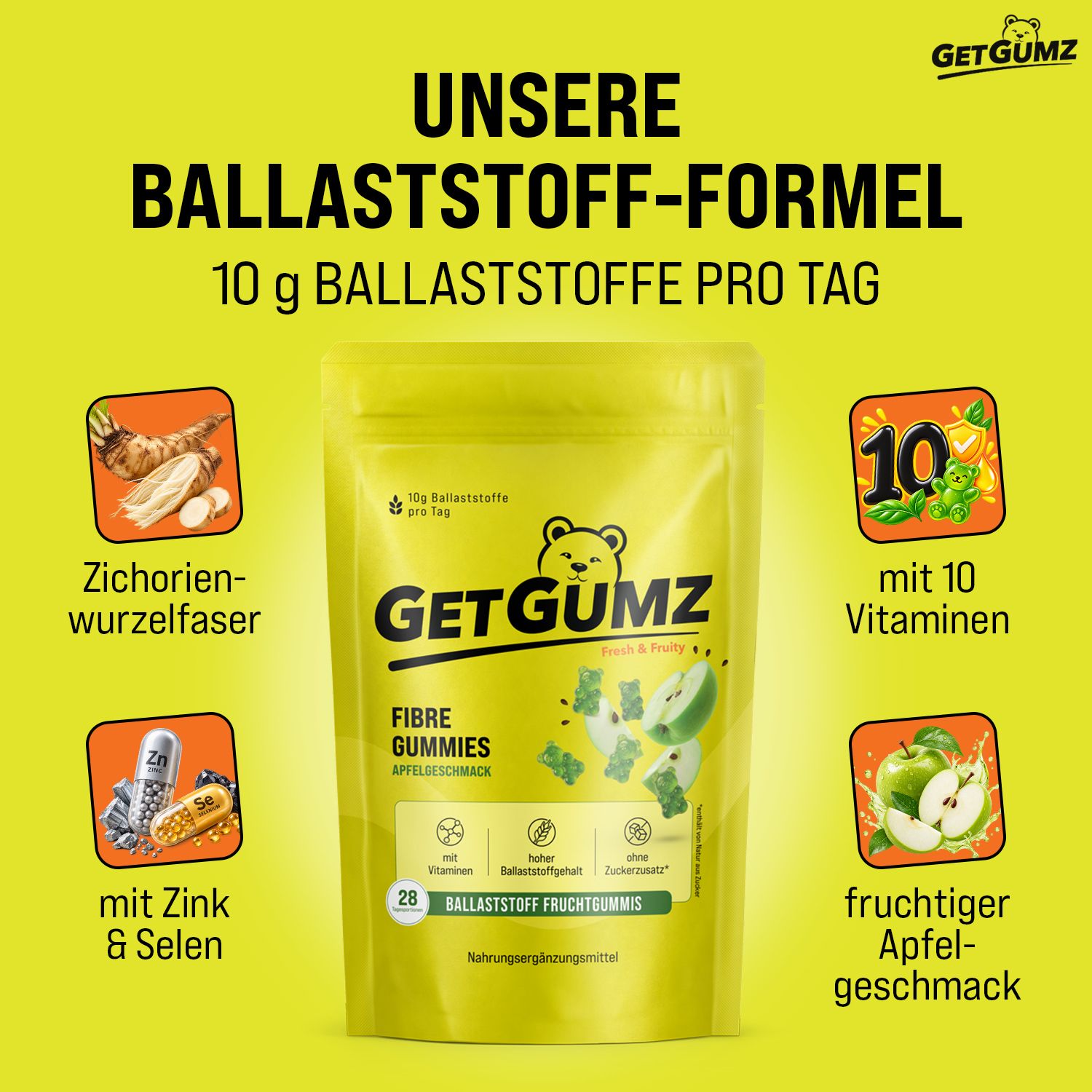GetGumz Ballaststoff Gummibärchen: 10g Ballaststoffe, 10 Vitamine, Zink, Selen, Apfelgeschmack.