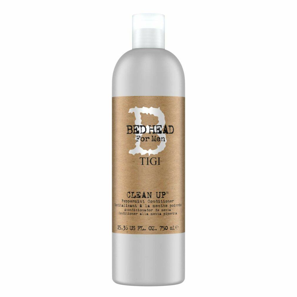 Silberne Flasche mit braunem Etikett. Aufschrift: Bed Head For Men, Clean Up Peppermint Conditioner. 750 ml.