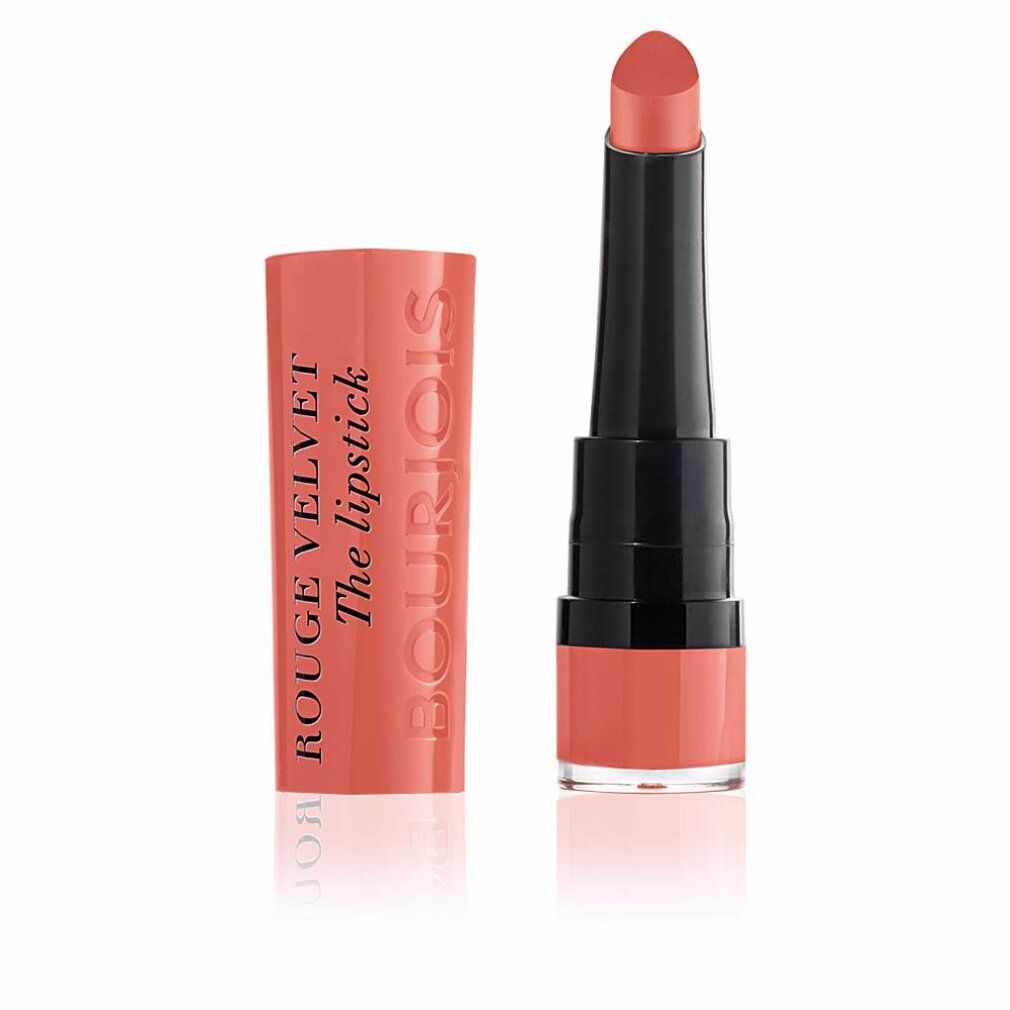 Lippenstift mit geöffneter Kappe. Rosa-oranger Farbton. Schwarzer Stift. Aufschrift: Bourjois Rouge Velvet The lipstick.