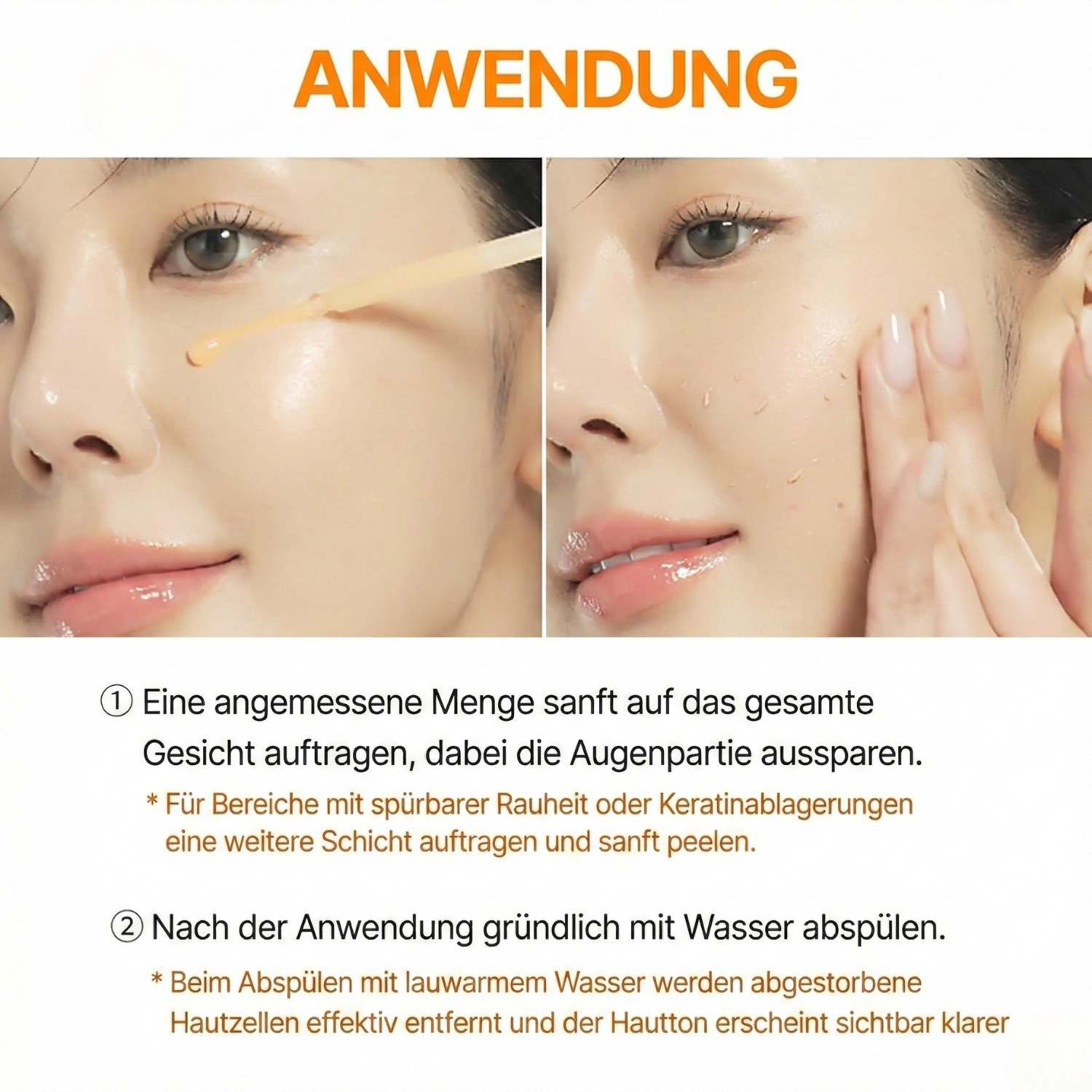 Gesichtsanwendung. Zwei Bilder zeigen die Anwendung des Serums. Text: Anwendung.