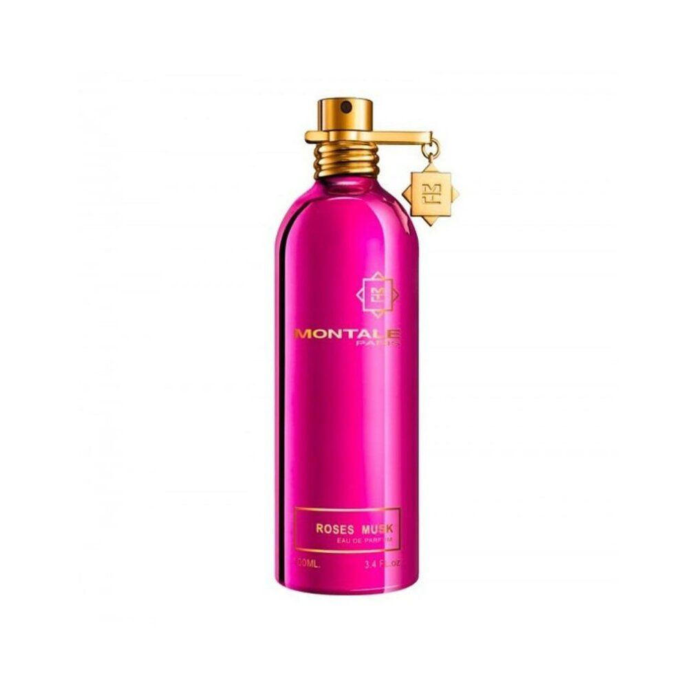 Rosa-farbene Parfumflasche mit goldenem Verschluss und Anhänger. Aufschrift: MONTALE PARIS, ROSES MUSK.