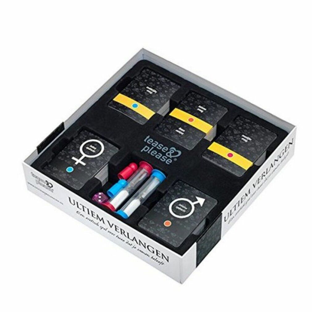 Geöffnete Spielbox mit Karten, Sanduhren und Spielsteinen. 'Ultiem Verlangen' Schriftzug.