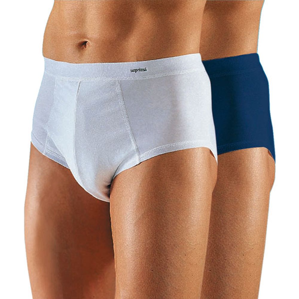 Zwei Herren Slips. Weiß und blau. Seitliche Ansicht. Elastischer Bund. Suprima Logo.