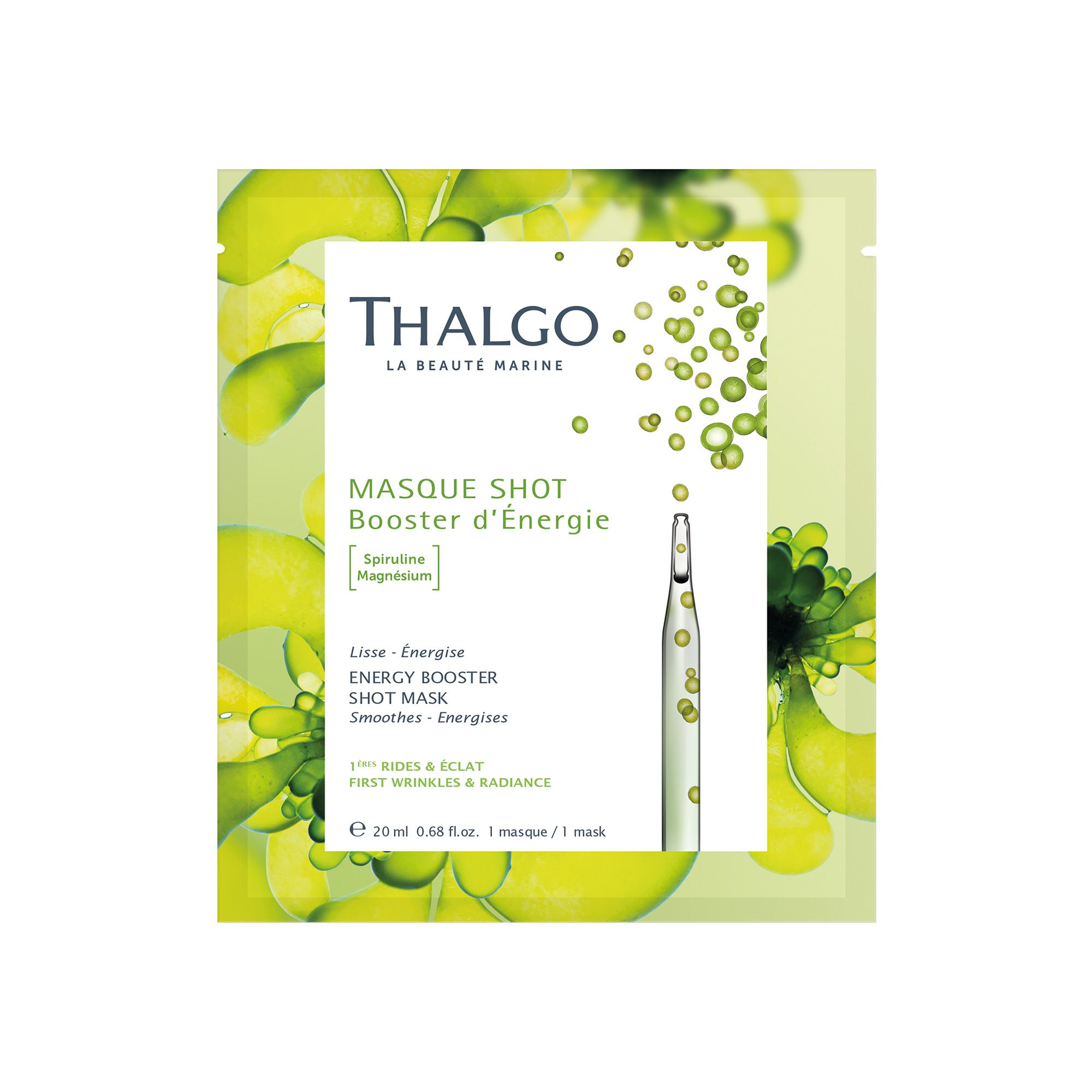 Verpackung der THALGO Energiespendende Effekt-Maske. Grün-weißes Design mit Produktinformationen und Ampullen-Illustration.