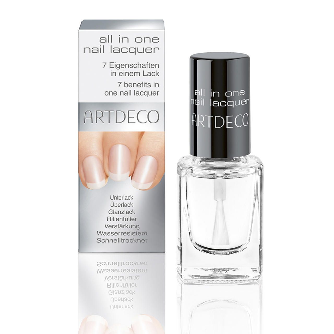 Nagellack-Flasche und Verpackung. Klare Flüssigkeit, schwarzer Deckel. Verpackung mit Produktnamen und Handabbildung.