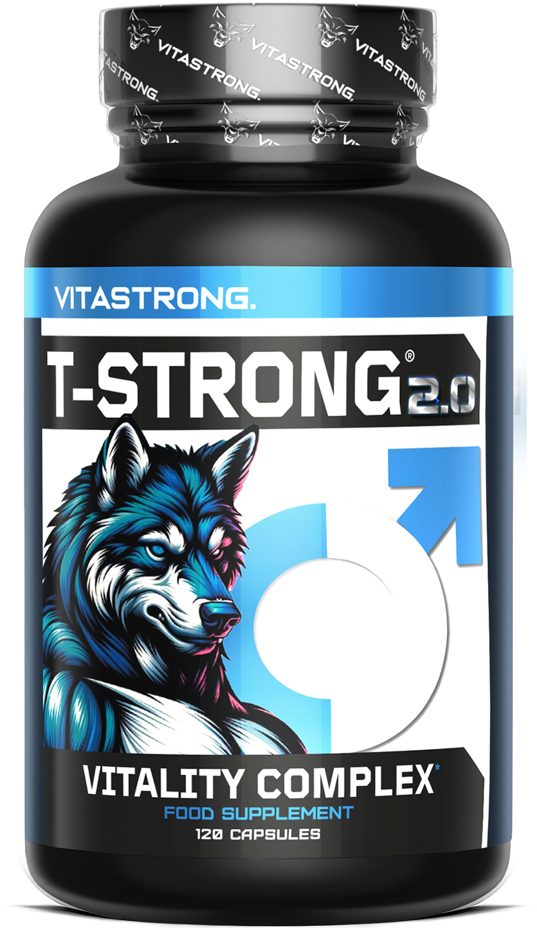 Vitastrong T-Strong 2.0 Kapselbehälter mit Wolf-Logo und Männersymbol.