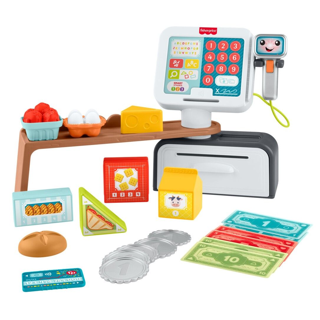 Spielzeugkasse mit Zubehör: Obst, Eier, Käse, Brot, Münzen, Geldscheine. Mit Fisher-Price Logo.