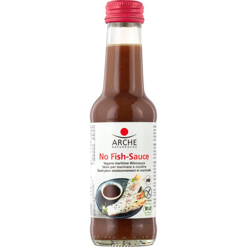 Glasflasche mit rotem Deckel. Etikett mit "ARCHE Naturküche No Fish-Sauce". Bio-Zertifizierung.