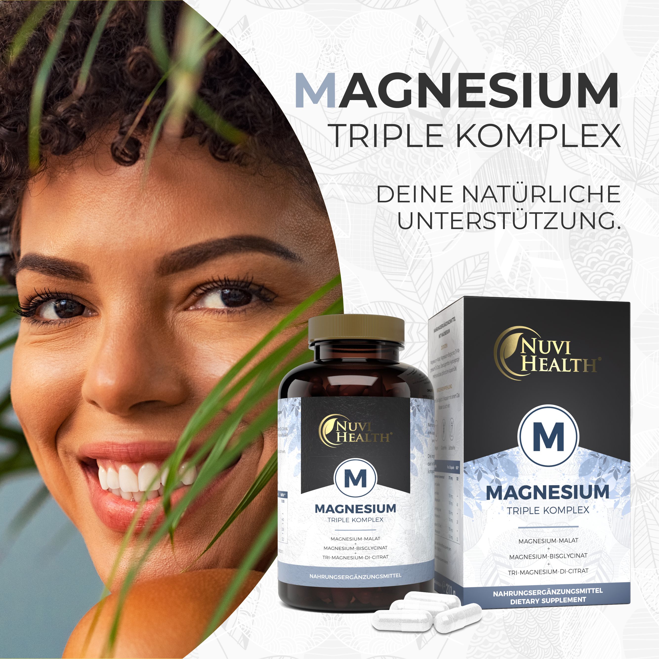 Frau mit Lächeln und Produkt. Flasche und Schachtel mit "Nuvi Health Magnesium Triple Komplex".