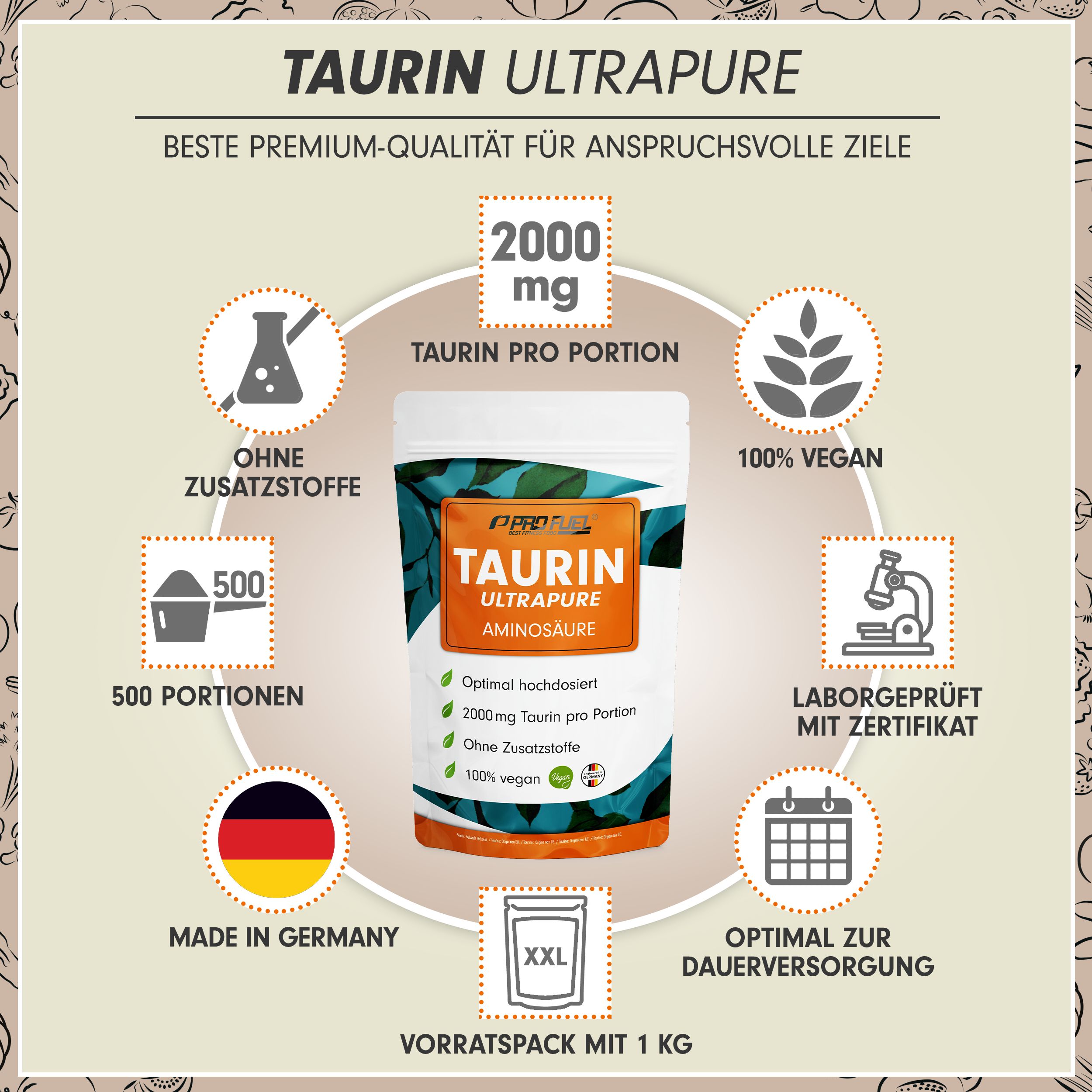 Weißer Beutel mit Aufschrift TAURIN ULTRAPURE. Angaben: 2000 mg Taurin pro Portion, 100% vegan, ohne Zusatzstoffe, 500 Portionen, Made in Germany.