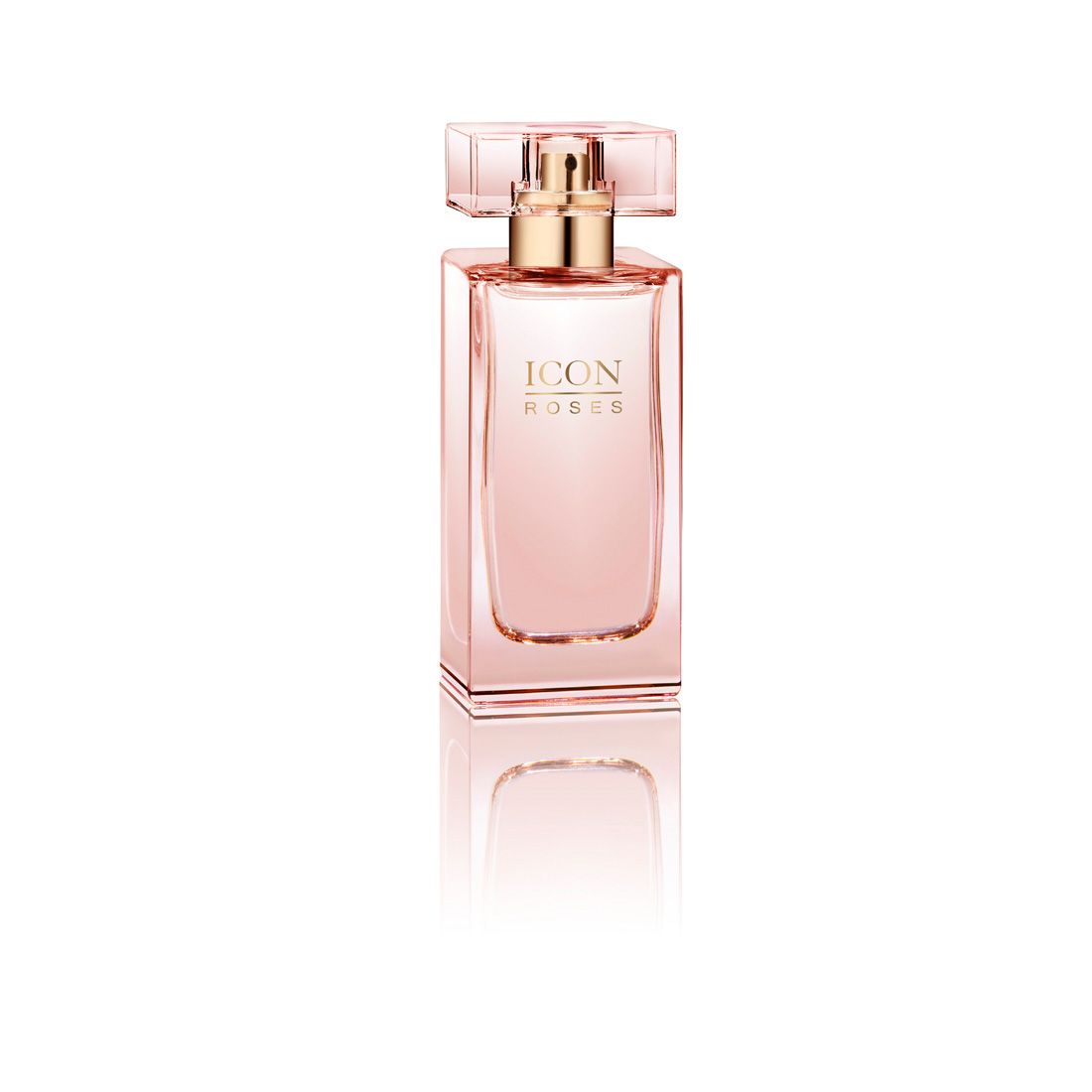 Ga-De Icon Roses Edp. Rosa Flakon mit goldfarbenem Verschluss. Text: Icon Roses. Rechteckige Form.