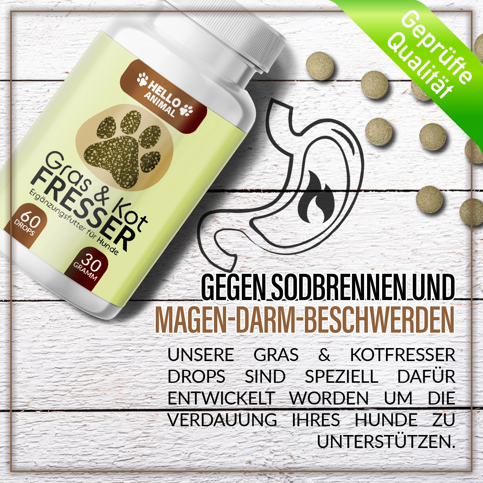 Flasche mit Etikett. Text: Gegen Sodbrennen und Magen-Darm-Beschwerden. Grünes Qualitäts-Siegel.