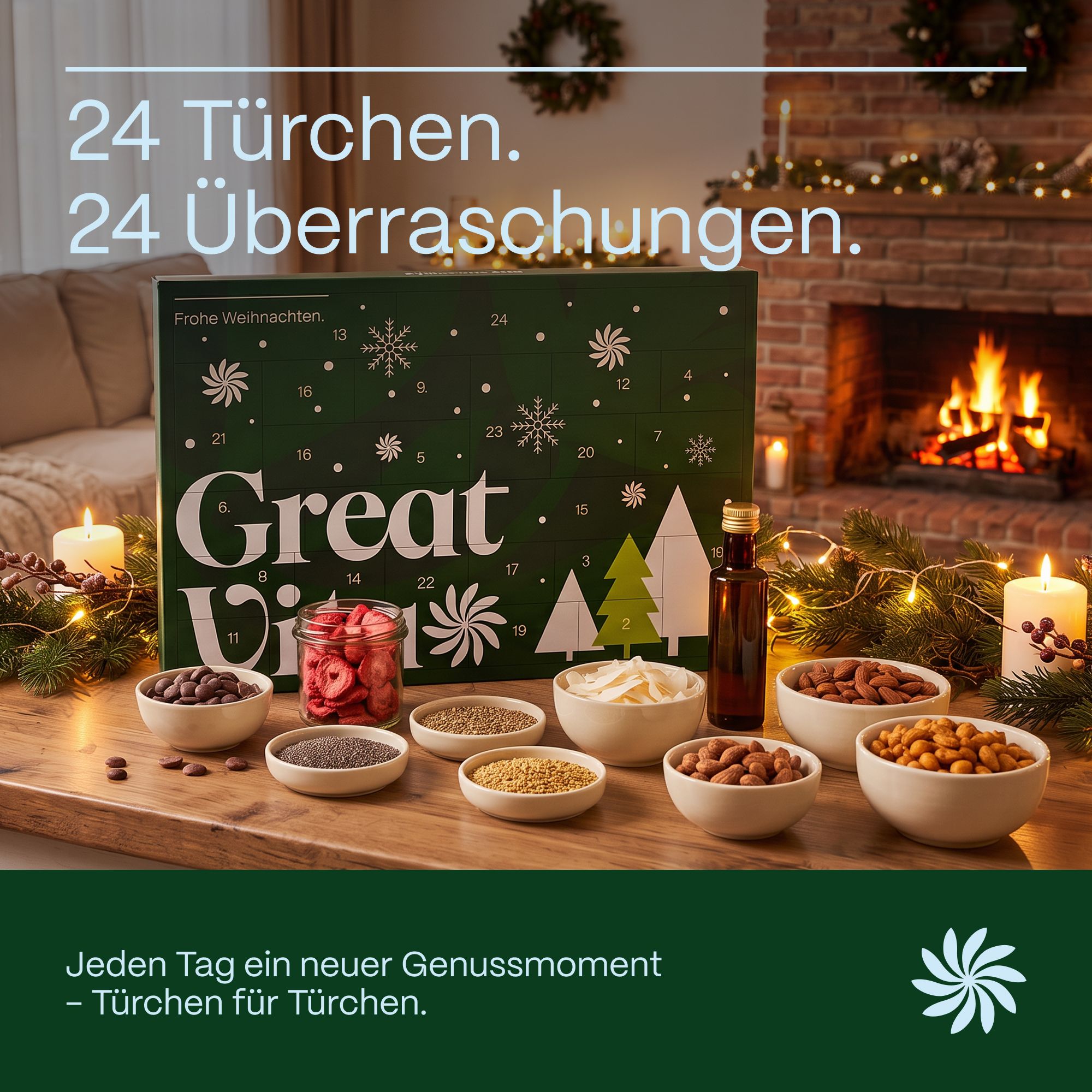 Adventskalender "Great Vita" auf einem Holztisch mit Schalen voller Nüsse und Trockenfrüchten, weihnachtlich dekoriert.
