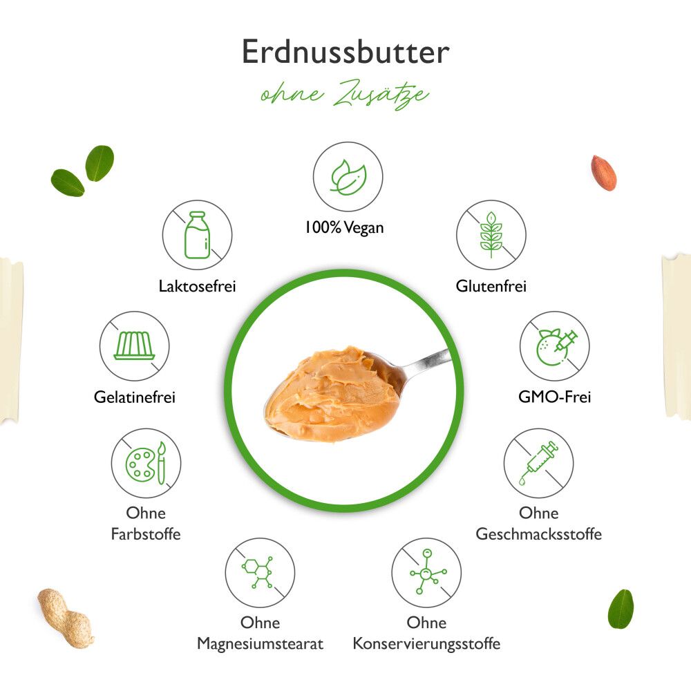Erdnussbutter ohne Zusätze. Symbole: laktosefrei, vegan, glutenfrei, ohne Farbstoffe, ohne Geschmacksstoffe, ohne Konservierungsstoffe.