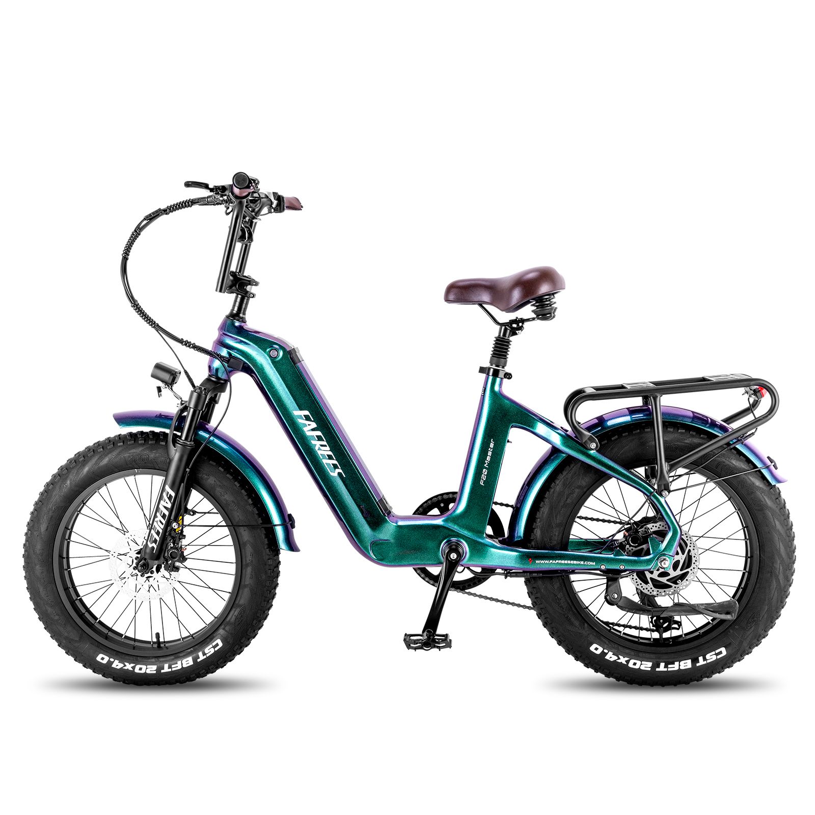 Fafrees F20 Master E-Bike. Grün-blau lackiert, breite Reifen, Gepäckträger, brauner Sattel. Sichtbar: Fafrees-Logo.