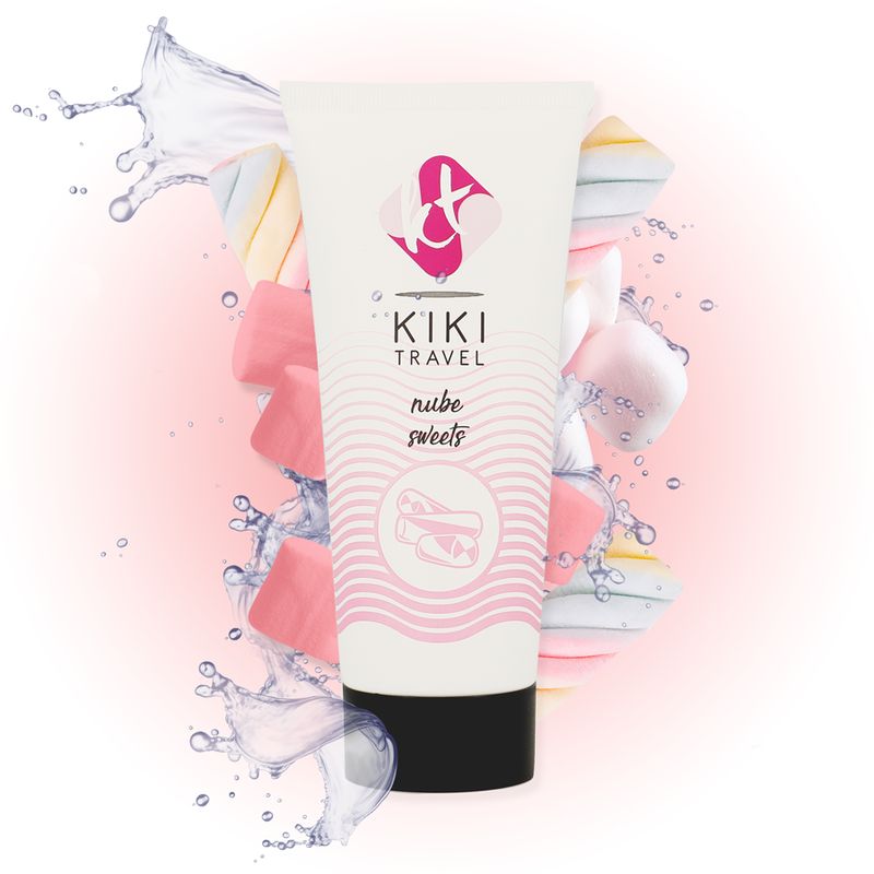 Weiße Tube mit rosa Akzenten und Produktnamen, umgeben von Wasser und Marshmallows. Aufdruck: KIKI TRAVEL, nube sweets.