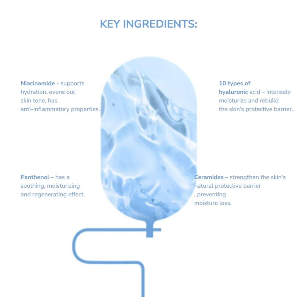 Grafik mit Inhaltsstoffen: Niacinamid, Panthenol, Ceramide und 10 Arten von Hyaluronsäure. Text in Englisch.