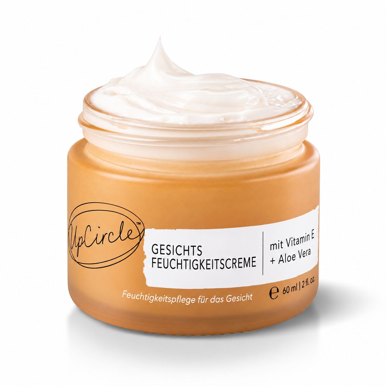 Eine Flasche UpCircle Gesichtsfeuchtigkeitscreme mit Vitamin E und Aloe Vera. 60 ml.