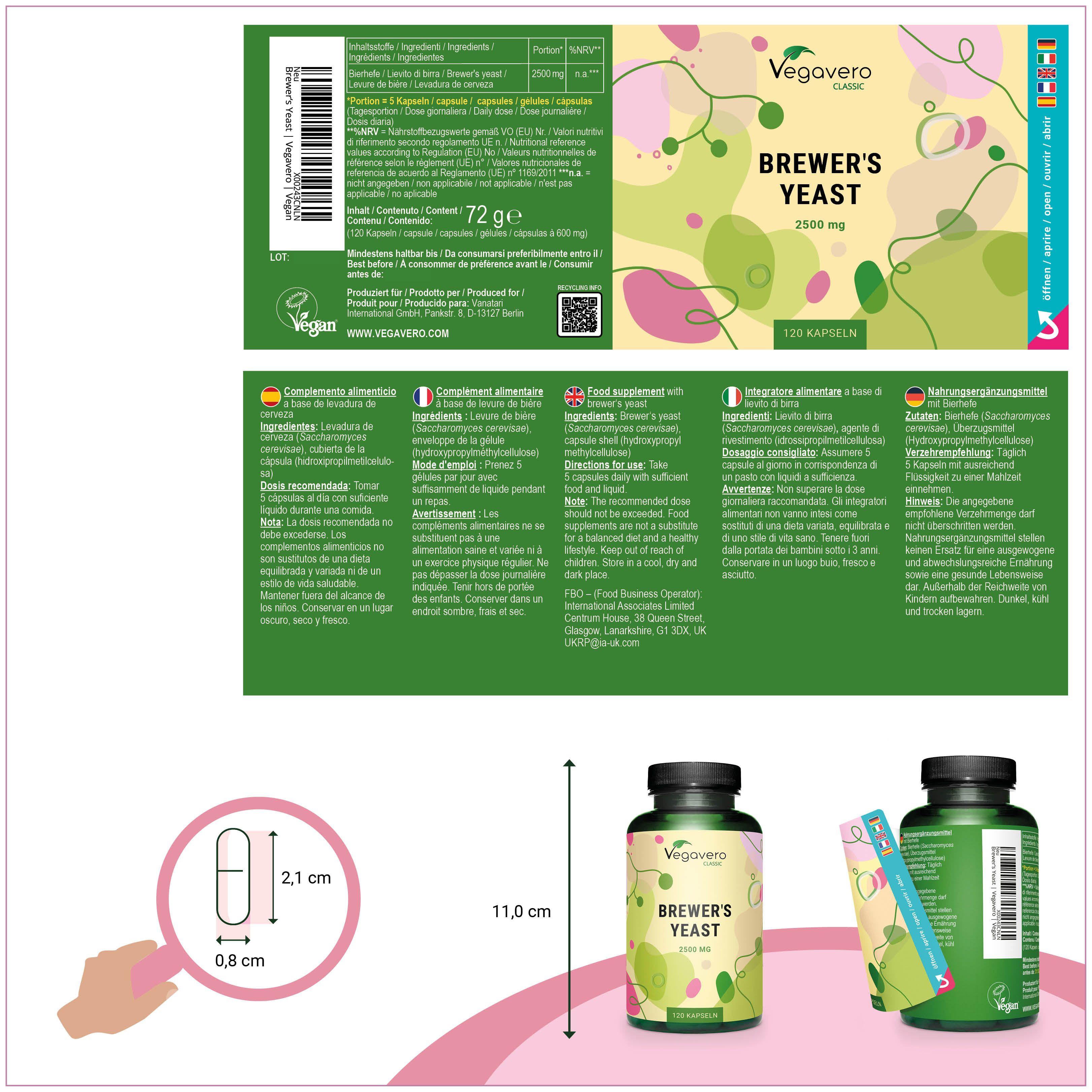 Produktverpackung mit Etikett. Flasche mit Kapseln, Etikett mit Informationen. Maße: 2,1 x 0,8 cm. Marke: Vegavero.