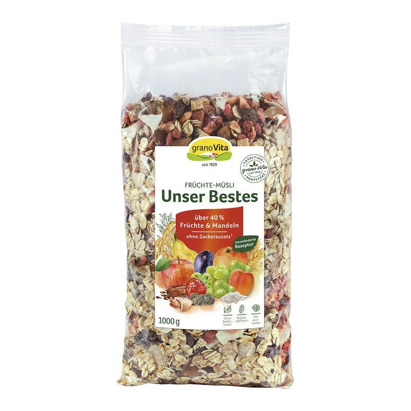Transparente Tüte mit Müsli. Aufdruck: granoVita, Früchte-Müsli, Unser Bestes, über 40% Früchte & Mandeln, 1000g.
