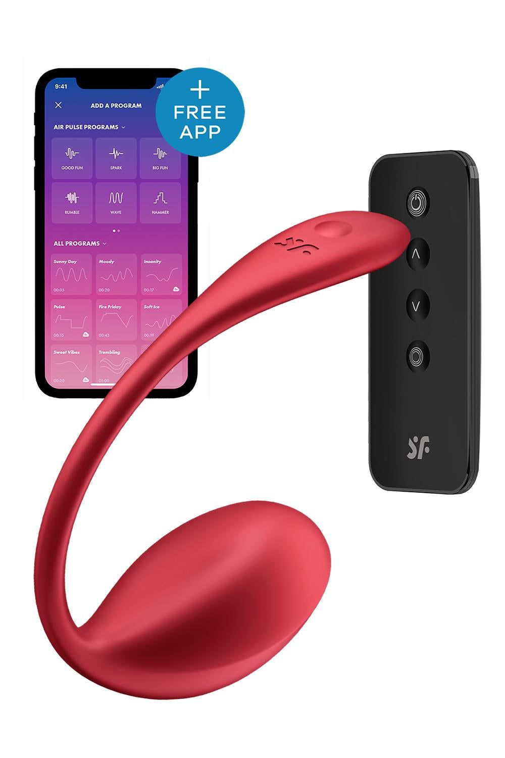 Roter Vibrator und schwarze Fernbedienung neben Smartphone mit App-Anzeige. App-Logo.