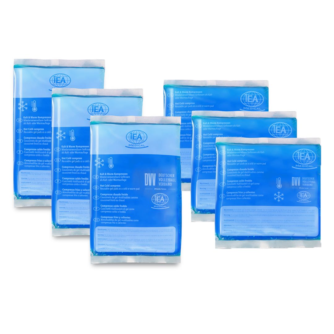 Sechs blaue Kompressen mit IEA-Logo. Rechteckige Form, transparente Verpackung. DVV-Siegel.