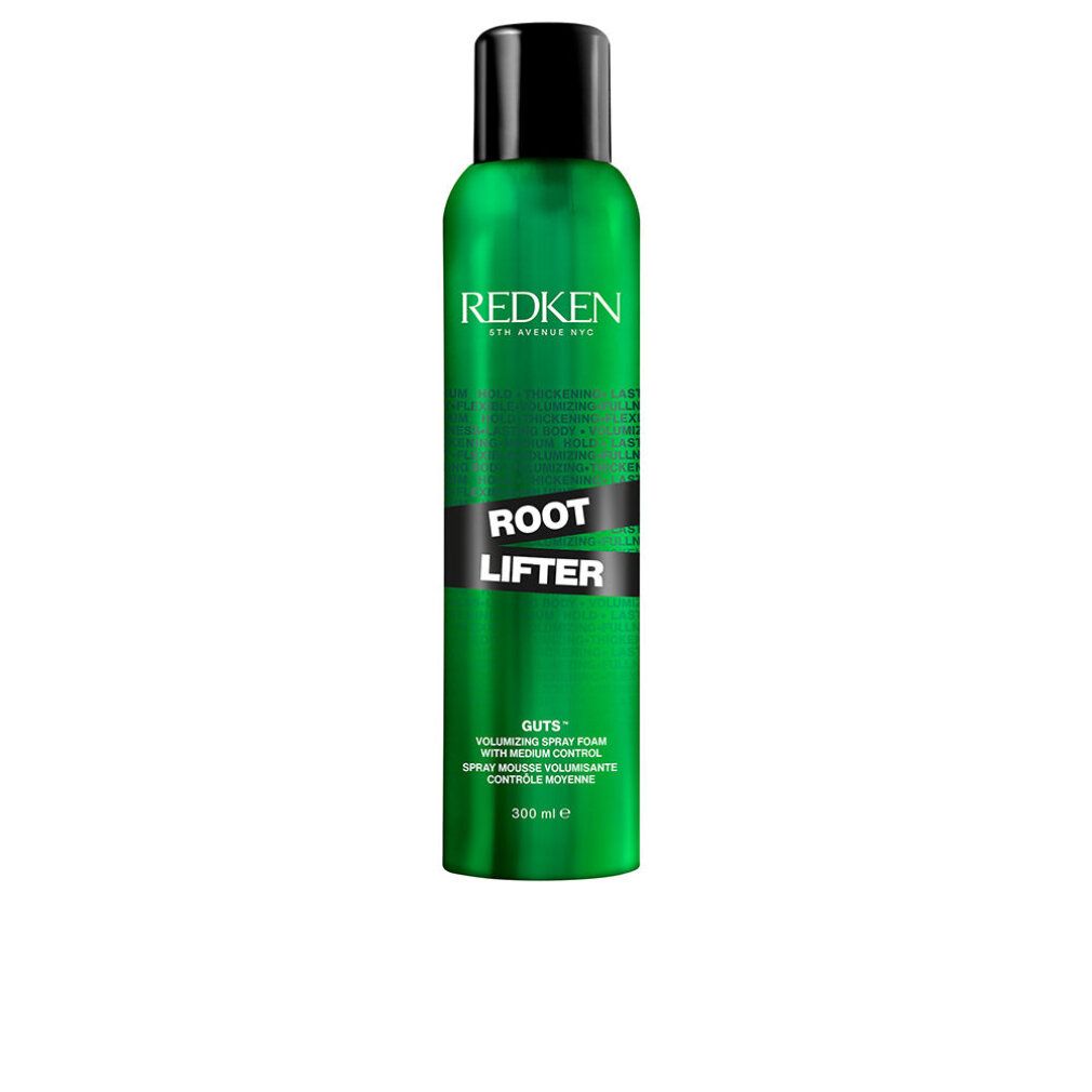 Grüne Sprühschaum-Flasche mit schwarzem Deckel. Beschriftung: Redken, Root Lifter. Text: Volumizing Spray Foam, 300 ml.