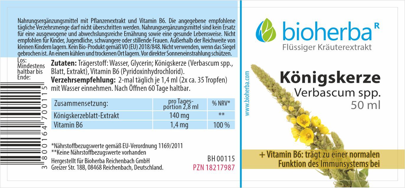 Etikett mit Produktinformationen. Text: Bioherba, Königskerze, Verbascum spp., 50 ml. Enthält Vitamin B6. Zutaten und Nährwertangaben.
