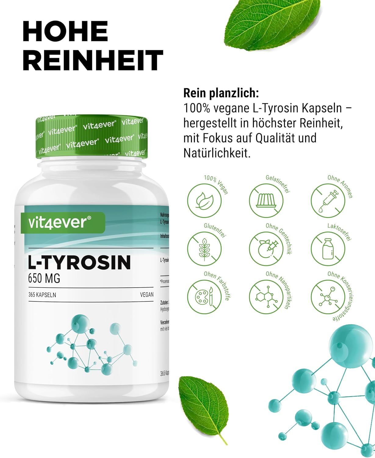 Vit4ever L-Tyrosin Dose mit Reinheits-Symbolen: 100% vegan, glutenfrei, laktosefrei.
