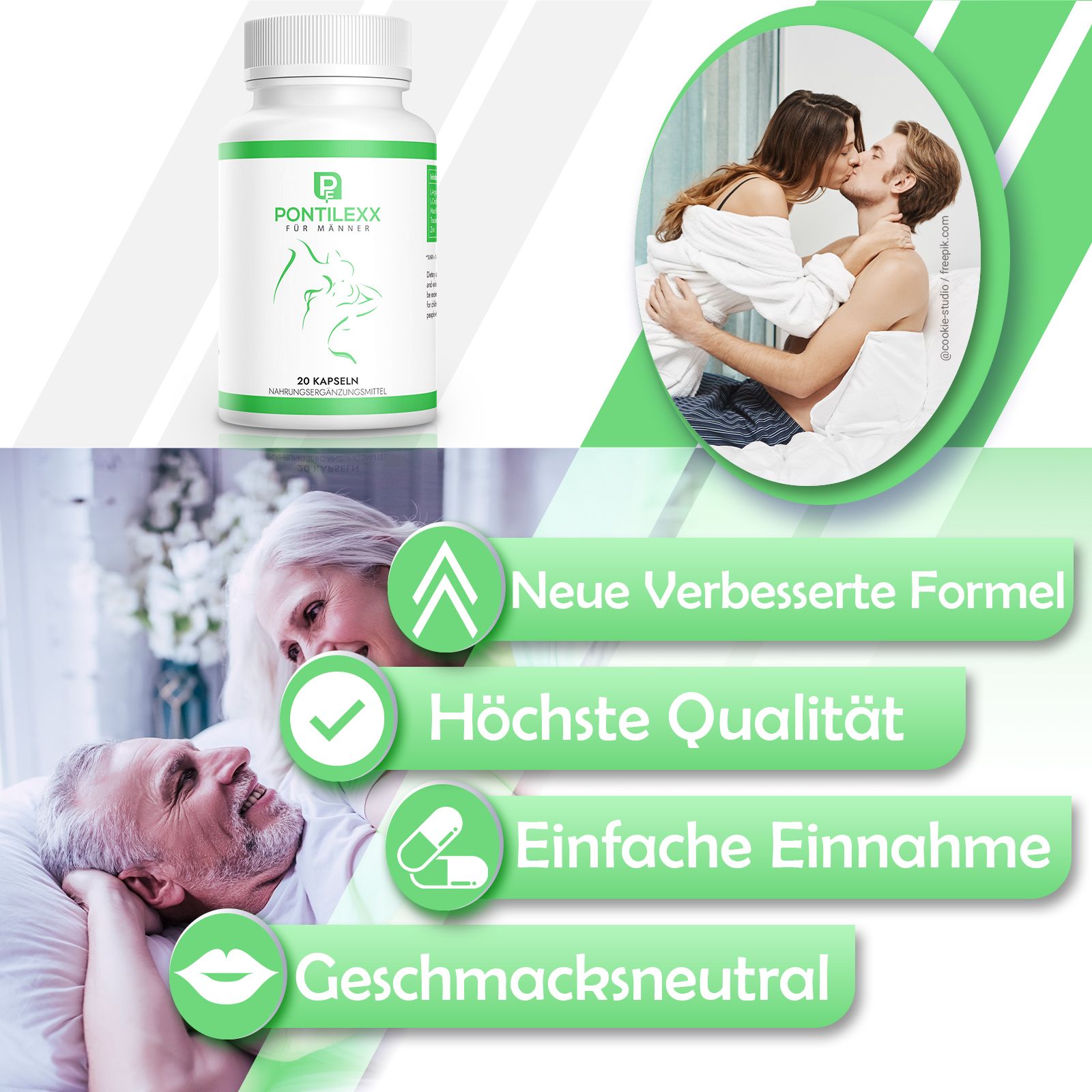 Weiße Flasche mit grünem Etikett. Aufschrift: Pontilexx für Männer. 20 Kapseln. Text: Neue verbesserte Formel, höchste Qualität, einfache Einnahme, geschmacksneutral.