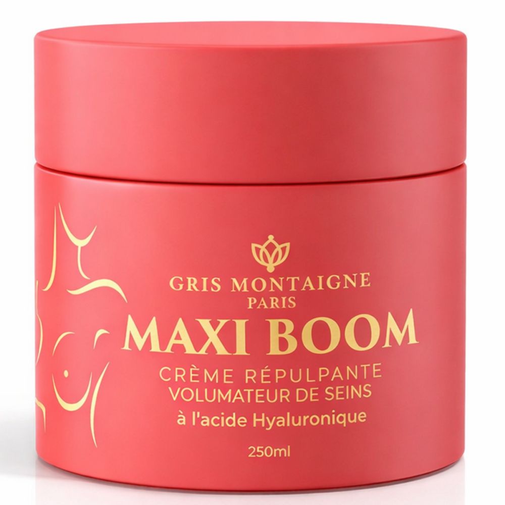 Rote Creme-Dose mit Aufschrift: MAXI BOOM, Creme für das Volumen der Brust, mit Hyaluronsäure. 250ml. Gris Montaigne Paris.
