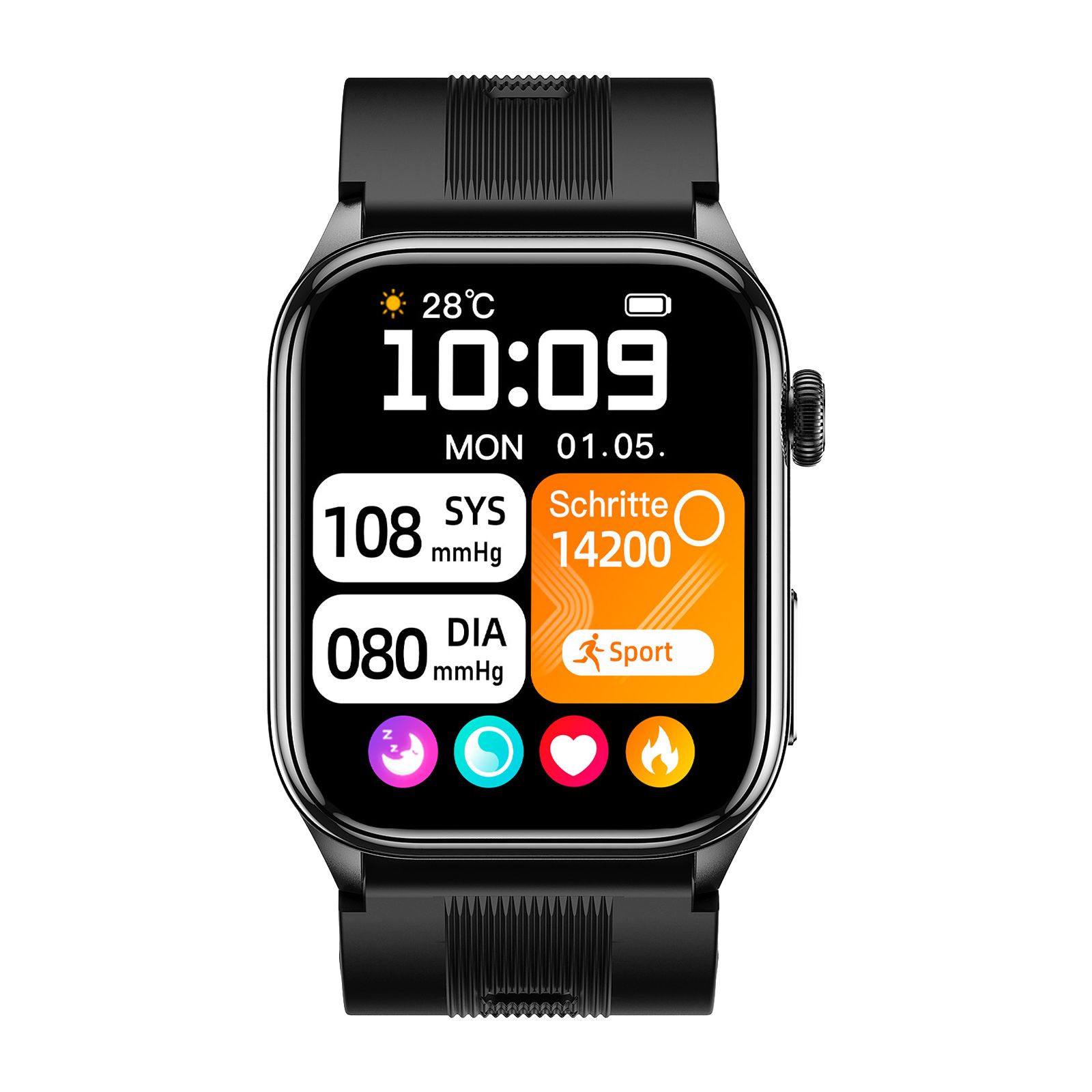 Senioren-Smartwatch mit schwarzem Armband. Anzeige: Uhrzeit, Datum, 28°C, Blutdruck (SYS 108/DIA 080 mmHg), Schritte (14200), Sportmodus.