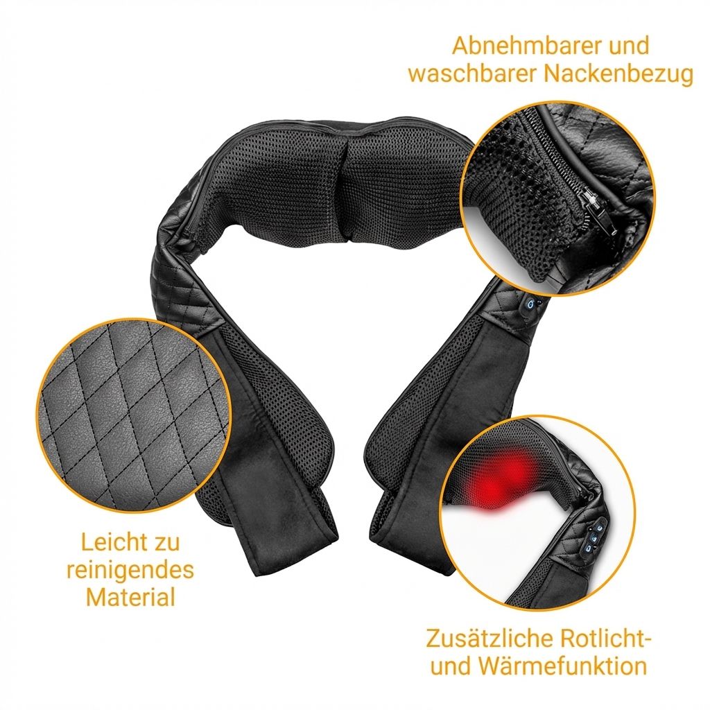 Schwarzes Nackenmassagegerät mit abnehmbarem Bezug und Wärmefunktion.
