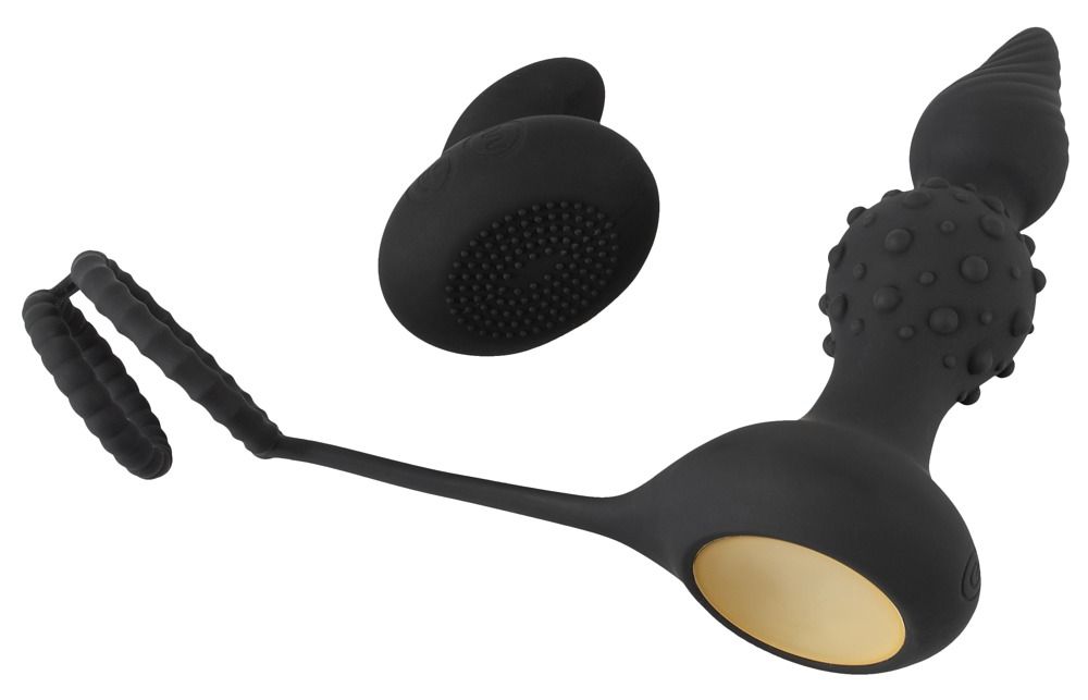 Schwarzer Analvibrator mit gerillter Spitze, Noppen und zwei Ringen.