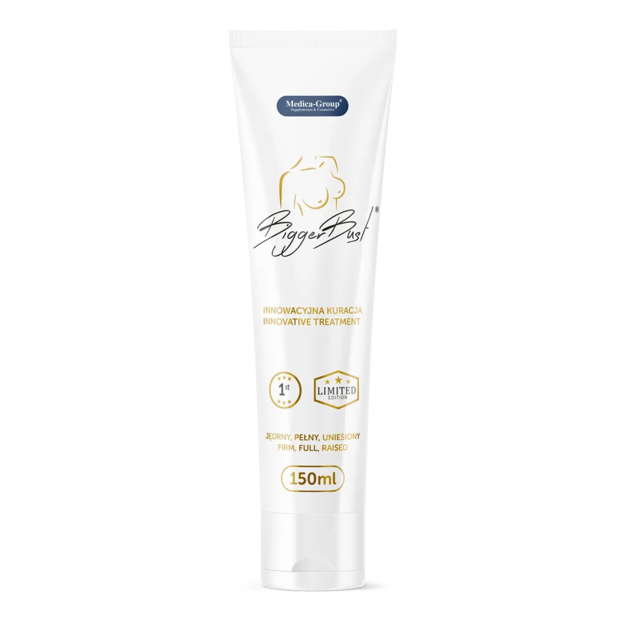 Weiße Tube mit Produktnamen und Logo. Text: Innovative Behandlung. 150ml. Zertifizierungen.