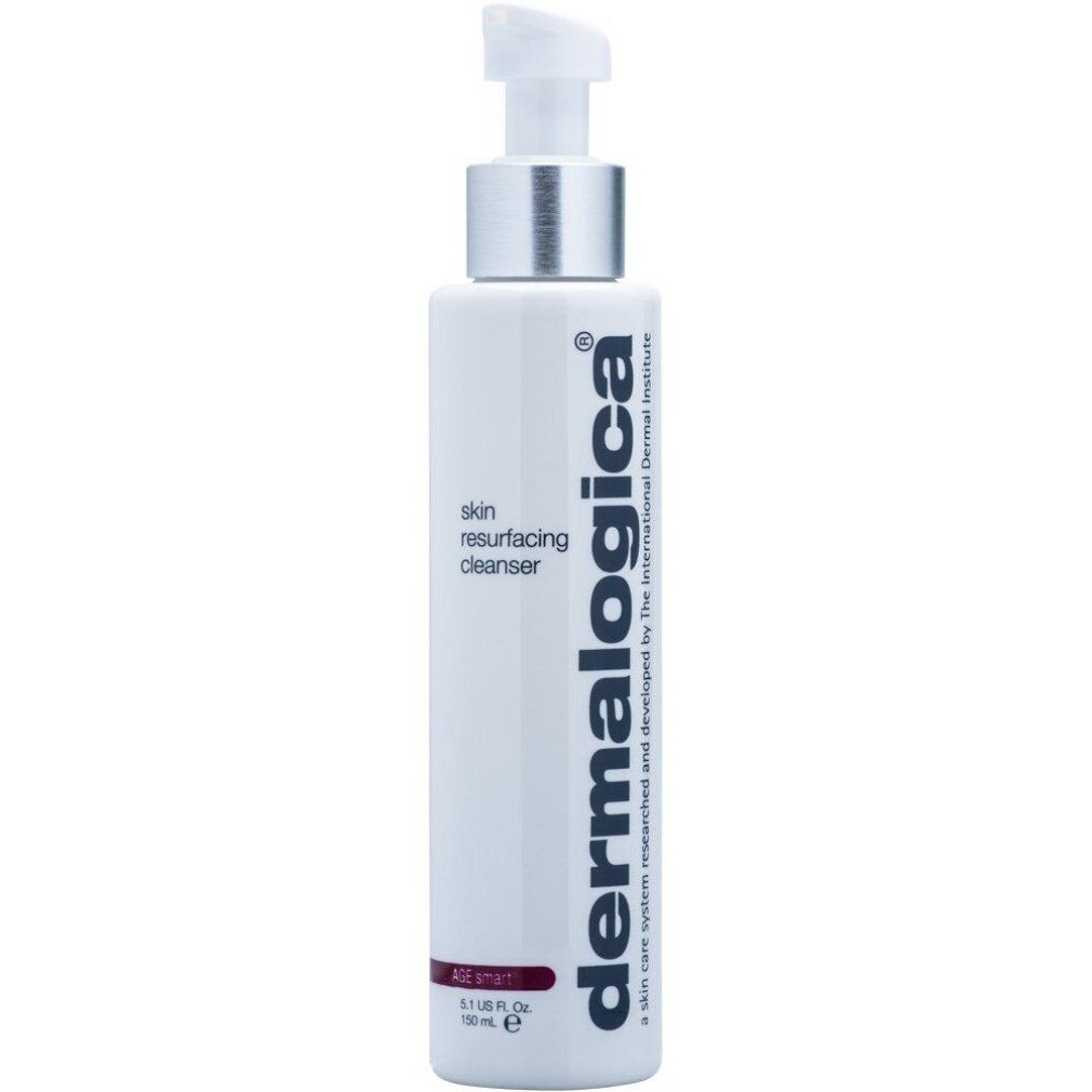 Weisse Flasche mit Pumpe. Aufschrift: Dermalogica, skin resurfacing cleanser. Roter Streifen mit AGE smart.