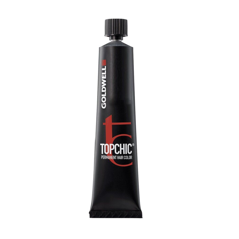 Goldwell Topchic Haarfärbemittel. Schwarze Tube mit rotem Logo. Text: Permanent Hair Color.