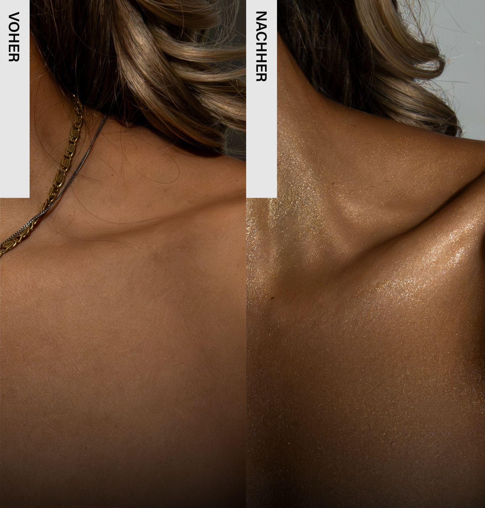 Vergleich von Rücken und Dekolleté vor und nach der Anwendung. Haut wirkt glatter und strahlender.