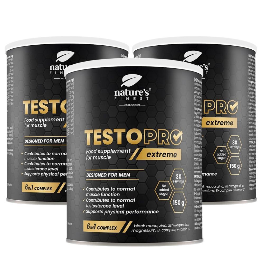 Drei Dosen TestoPRO Extreme. Schwarze Dosen mit weißem Deckel und gelben Akzenten. Aufschrift: TestoPRO Extreme, 6-in-1 Komplex.